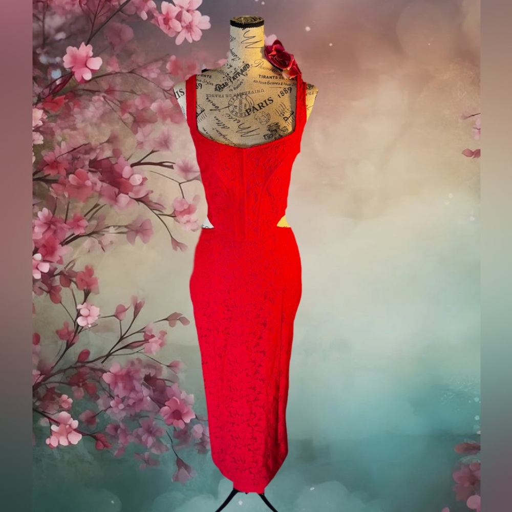 Fashion Nova Red Lace Midi Bodycon Dress